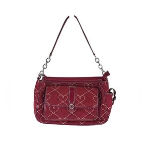 Brighton Leather Trim Aileen Quilted Red Hearts Fabric Shoulder Purse